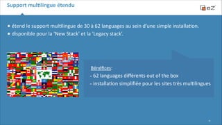 Support	
  mulBlingue	
  étendu

•	
  étend	
  le	
  support	
  mul6lingue	
  de	
  30	
  à	
  62	
  languages	
  au	
  sein	
  d’une	
  simple	
  installa6on.	
  
•	
  disponible	
  pour	
  la	
  ‘New	
  Stack’	
  et	
  la	
  ‘Legacy	
  stack’.	
  
!
!

 
 
Bénéﬁces:	
  

-­‐	
  62	
  languages	
  diﬀérents	
  out	
  of	
  the	
  box	
  	
  
-­‐	
  installa6on	
  simpliﬁée	
  pour	
  les	
  sites	
  très	
  mul6lingues

!15

 