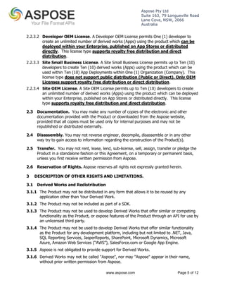 Aspose Pty Ltd 
Suite 163, 79 Longueville Road 
Lane Cove, NSW, 2066 
Australia 
2.2.3.2 Developer OEM License. A Developer OEM License permits One (1) developer to 
create an unlimited number of derived works (Apps) using the product which can be 
deployed within your Enterprise, published on App Stores or distributed 
directly. This license type supports royalty free distribution and direct 
distribution. 
2.2.3.3 Site Small Business License. A Site Small Business License permits up to Ten (10) 
developers to create Ten (10) derived works (Apps) using the product which can be 
used within Ten (10) App Deployments within One (1) Organization (Company). This 
license type does not support public distribution (Public or Direct). Only OEM 
Licenses support royalty free distribution or direct distribution. 
2.2.3.4 Site OEM License. A Site OEM License permits up to Ten (10) developers to create 
an unlimited number of derived works (Apps) using the product which can be deployed 
within your Enterprise, published on App Stores or distributed directly. This license 
type supports royalty free distribution and direct distribution. 
2.3 Documentation. You may make any number of copies of the electronic and other 
documentation provided with the Product or downloaded from the Aspose website, 
provided that all copies must be used only for internal purposes and may not be 
republished or distributed externally. 
2.4 Disassembly. You may not reverse engineer, decompile, disassemble or in any other 
way try to gain access to information regarding the construction of the Product(s). 
2.5 Transfer. You may not rent, lease, lend, sub-license, sell, assign, transfer or pledge the 
Product in a standalone fashion or this Agreement, on a temporary or permanent basis, 
unless you first receive written permission from Aspose. 
2.6 Reservation of Rights. Aspose reserves all rights not expressly granted herein. 
3 DESCRIPTION OF OTHER RIGHTS AND LIMITATIONS. 
3.1 Derived Works and Redistribution 
3.1.1 The Product may not be distributed in any form that allows it to be reused by any 
application other than Your Derived Work. 
3.1.2 The Product may not be included as part of a SDK. 
3.1.3 The Product may not be used to develop Derived Works that offer similar or competing 
functionality as the Product, or expose features of the Product through an API for use by 
an unlicensed third party. 
3.1.4 The Product may not be used to develop Derived Works that offer similar functionality 
as the Product for any development platform, including but not limited to .NET, Java, 
SQL Reporting Services, JasperReports, SharePoint, Microsoft Dynamics, Microsoft 
Azure, Amazon Web Services (“AWS”), SalesForce.com or Google App Engine. 
3.1.5 Aspose is not obligated to provide support for Derived Works. 
3.1.6 Derived Works may not be called "Aspose", nor may "Aspose" appear in their name, 
without prior written permission from Aspose. 
www.aspose.com Page 5 of 12 
 
