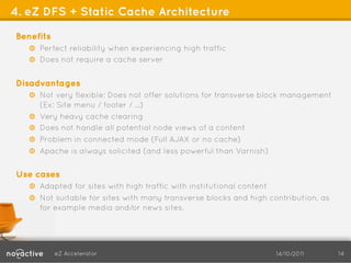 4. eZ DFS + Static Cache Architecture

Benefits
   !   Perfect reliability when experiencing high traffic
   !   Does not require a cache server


Disadvantages
   !   Not very flexible: Does not offer solutions for transverse block management
       (Ex: Site menu / footer / ...)
   ! Very heavy cache clearing
   ! Does not handle all potential node views of a content
   ! Problem in connected mode (Full AJAX or no cache)
   !   Apache is always solicited (and less powerful than Varnish)


Use cases
   ! Adapted for sites with high traffic with institutional content
   !   Not suitable for sites with many transverse blocks and high contribution, as
       for example media and/or news sites.




           eZ Accelerator                                           14/10/2011        14
 