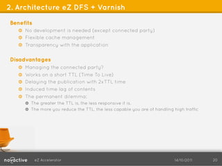 2. Architecture eZ DFS + Varnish

Benefits
   !   No development is needed (except connected party)
   !   Flexible cache management
   ! Transparency with the application


Disadvantages
   ! Managing the connected party?
   !   Works on a short TTL (Time To Live)
   ! Delaying the publication with 2xTTL time
   ! Induced time lag of contents
   !   The permanent dilemma:
     !   The greater the TTL is, the less responsive it is.
     !   The more you reduce the TTL, the less capable you are of handling high traffic




           eZ Accelerator                                                  14/10/2011     20
 