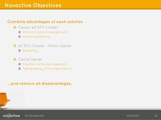 Novactive Objectives


Combine advantages of each solution
   !   Classic eZ DFS Cluster
       !   Optimal cache management
       !   Instant publishing


   !   eZ DFS Cluster - Static Cache
       !   Reliability

   !   Cache Server
       !   Flexible cache management
       ! Transparency of the application



.…and remove all disadvantages.




            eZ Accelerator                 14/10/2011   22
 