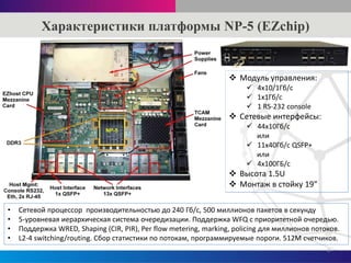 Характеристики платформы NP-5 (EZchip)
4
• Сетевой процессор производительностью до 240 Гб/с, 500 миллионов пакетов в секунду
• 5-уровневая иерархическая система очередизации. Поддержка WFQ c приоритетной очередью.
• Поддержка WRED, Shaping (CIR, PIR), Per flow metering, marking, policing для миллионов потоков.
• L2-4 switching/routing. Сбор статистики по потокам, программируемые пороги. 512М счетчиков.
 Модуль управления:
 4x10/1Гб/с
 1х1Гб/с
 1 RS-232 console
 Сетевые интерфейсы:
 44x10Гб/с
или
 11x40Гб/с QSFP+
или
 4х100ГБ/с
 Высота 1.5U
 Монтаж в стойку 19”
 