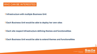 3
WHO CAN BE INTERESTED ?
Infrastructure with multiple Business Unit
Each Business Unit would be able to deploy her own sites
Each site respect Infrastructure defining themes and functionalities
Each Business Unit would be able to extend themes and functionalities
OCTOBRE 2016
eZ Conference - SiteBuilderBundle
 