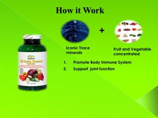 How it Work

                   +
  Iconic Trace             Fruit and Vegetable
  minerals                 concentrated

 1.   Promote Body Immune System
 2.   Support joint function
 