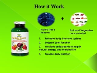 How it Work

                    +
  Iconic Trace              Fruit and Vegetable
  minerals                  concentrated

 1.   Promote Body Immune System
 2.   Support joint function
 3.   Provides antioxidants to help in
 natural energy and metabolism
 4.   Provide daily nutrition
 