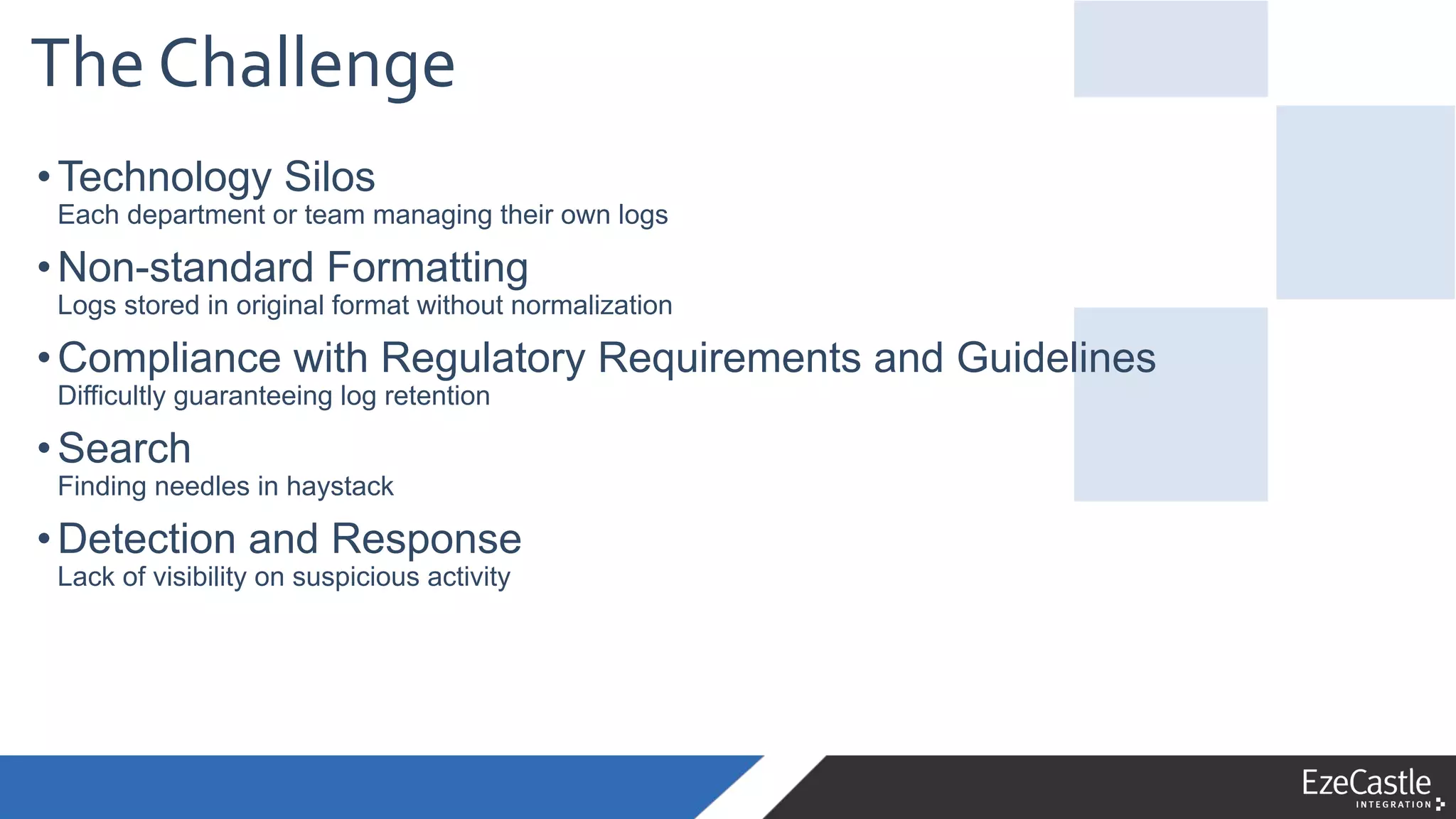 The Challenge
•Technology Silos
Each department or team managing their own logs
•Non-standard Formatting
Logs stored in original format without normalization
•Compliance with Regulatory Requirements and Guidelines
Difficultly guaranteeing log retention
•Search
Finding needles in haystack
•Detection and Response
Lack of visibility on suspicious activity
 