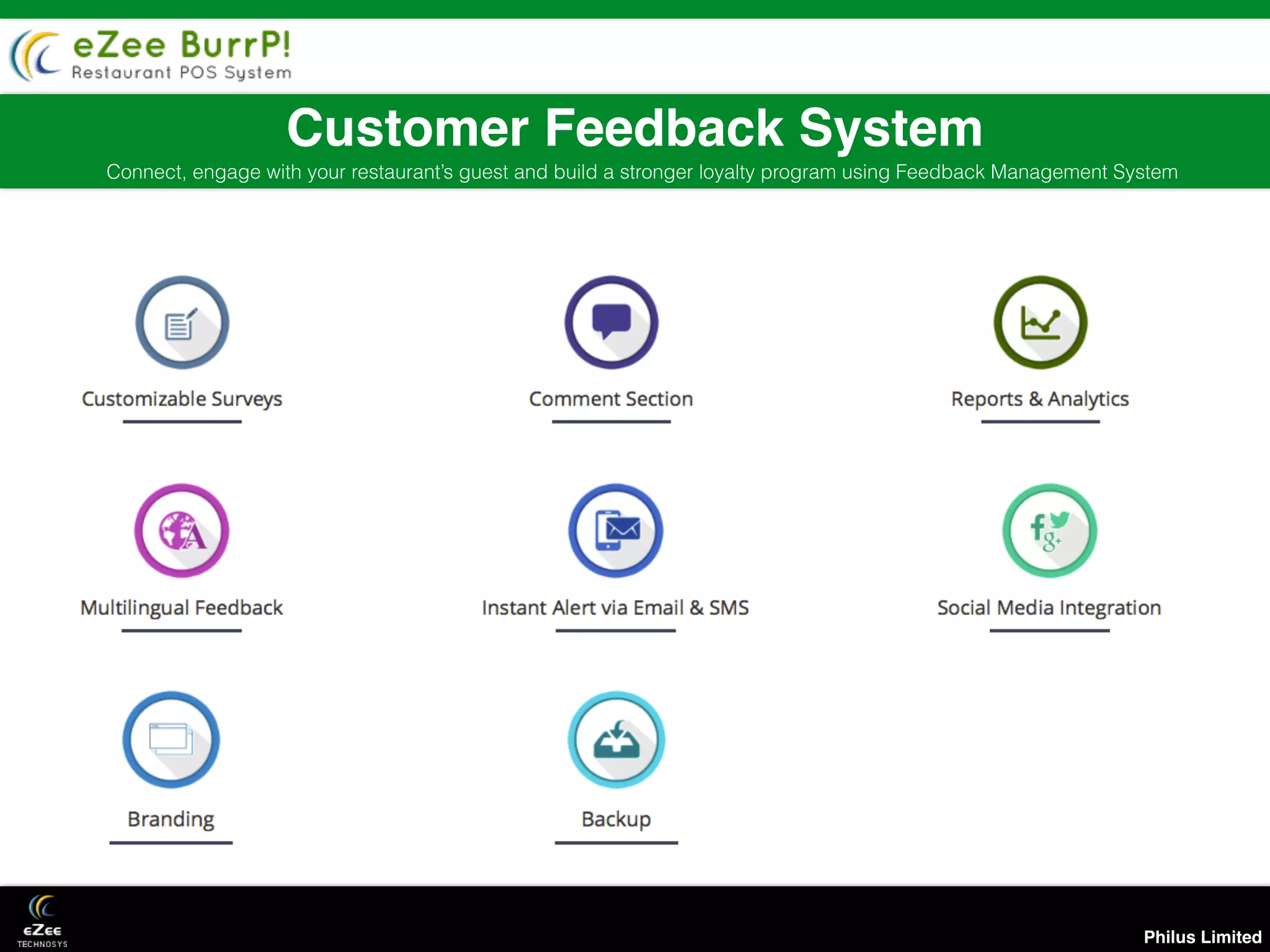 Philus Limited
Customer Feedback System
Connect, engage with your restaurant’s guest and build a stronger loyalty program using Feedback Management System
 