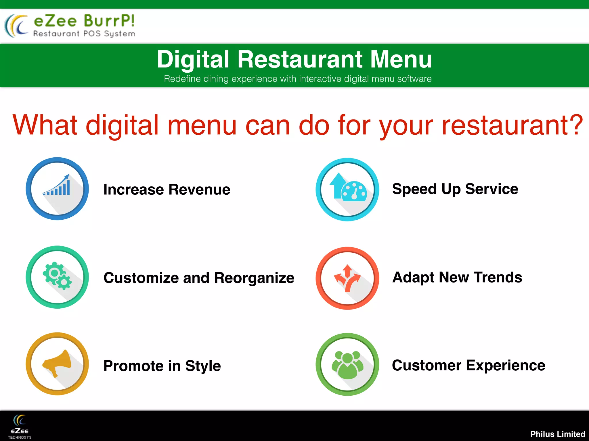 Philus Limited
Digital Restaurant Menu
Redeﬁne dining experience with interactive digital menu software
Increase Revenue
Customize and Reorganize
Promote in Style
Speed Up Service
Adapt New Trends
Customer Experience
What digital menu can do for your restaurant?
 