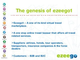 The genesis of ezeego1
Ezeego1: - A one of its kind virtual travel
marketplace.
A one stop online travel bazaar that offers all travel
related services.
Suppliers: airlines, hotels, tour operators,
transporters, insurance companies & the forex
dealers
Customers: - B2B and B2C
 