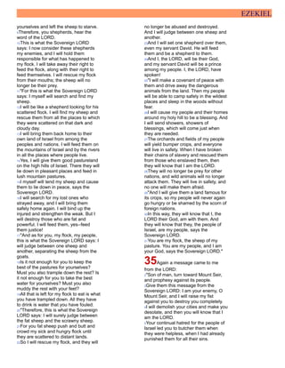 EZEKIEL
yourselves and left the sheep to starve.
9Therefore, you shepherds, hear the
word of the LORD.
10This is what the Sovereign LORD
says: I now consider these shepherds
my enemies, and I will hold them
responsible for what has happened to
my flock. I will take away their right to
feed the flock, along with their right to
feed themselves. I will rescue my flock
from their mouths; the sheep will no
longer be their prey.
11"For this is what the Sovereign LORD
says: I myself will search and find my
sheep.
12I will be like a shepherd looking for his
scattered flock. I will find my sheep and
rescue them from all the places to which
they were scattered on that dark and
cloudy day.
13I will bring them back home to their
own land of Israel from among the
peoples and nations. I will feed them on
the mountains of Israel and by the rivers
in all the places where people live.
14Yes, I will give them good pastureland
on the high hills of Israel. There they will
lie down in pleasant places and feed in
lush mountain pastures.
15I myself will tend my sheep and cause
them to lie down in peace, says the
Sovereign LORD.
16I will search for my lost ones who
strayed away, and I will bring them
safely home again. I will bind up the
injured and strengthen the weak. But I
will destroy those who are fat and
powerful. I will feed them, yes--feed
them justice!
17"And as for you, my flock, my people,
this is what the Sovereign LORD says: I
will judge between one sheep and
another, separating the sheep from the
goats.
18Is it not enough for you to keep the
best of the pastures for yourselves?
Must you also trample down the rest? Is
it not enough for you to take the best
water for yourselves? Must you also
muddy the rest with your feet?
19All that is left for my flock to eat is what
you have trampled down. All they have
to drink is water that you have fouled.
20"Therefore, this is what the Sovereign
LORD says: I will surely judge between
the fat sheep and the scrawny sheep.
21For you fat sheep push and butt and
crowd my sick and hungry flock until
they are scattered to distant lands.
22So I will rescue my flock, and they will
no longer be abused and destroyed.
And I will judge between one sheep and
another.
23And I will set one shepherd over them,
even my servant David. He will feed
them and be a shepherd to them.
24And I, the LORD, will be their God,
and my servant David will be a prince
among my people. I, the LORD, have
spoken!
25"I will make a covenant of peace with
them and drive away the dangerous
animals from the land. Then my people
will be able to camp safely in the wildest
places and sleep in the woods without
fear.
26I will cause my people and their homes
around my holy hill to be a blessing. And
I will send showers, showers of
blessings, which will come just when
they are needed.
27The orchards and fields of my people
will yield bumper crops, and everyone
will live in safety. When I have broken
their chains of slavery and rescued them
from those who enslaved them, then
they will know that I am the LORD.
28They will no longer be prey for other
nations, and wild animals will no longer
attack them. They will live in safety, and
no one will make them afraid.
29"And I will give them a land famous for
its crops, so my people will never again
go hungry or be shamed by the scorn of
foreign nations.
30In this way, they will know that I, the
LORD their God, am with them. And
they will know that they, the people of
Israel, are my people, says the
Sovereign LORD.
31You are my flock, the sheep of my
pasture. You are my people, and I am
your God, says the Sovereign LORD."
35Again a message came to me
from the LORD:
2"Son of man, turn toward Mount Seir,
and prophesy against its people.
3Give them this message from the
Sovereign LORD: I am your enemy, O
Mount Seir, and I will raise my fist
against you to destroy you completely.
4I will demolish your cities and make you
desolate, and then you will know that I
am the LORD.
5Your continual hatred for the people of
Israel led you to butcher them when
they were helpless, when I had already
punished them for all their sins.
 