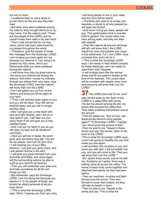 EZEKIEL
my fury on them.
19I scattered them to many lands to
punish them for the evil way they had
lived.
20But when they were scattered among
the nations, they brought dishonor to my
holy name. For the nations said, 'These
are the people of the LORD, and he
couldn't keep them safe in his own land!'
21Then I was concerned for my holy
name, which had been dishonored by
my people throughout the world.
22"Therefore, give the people of Israel
this message from the Sovereign LORD:
I am bringing you back again but not
because you deserve it. I am doing it to
protect my holy name, which you
dishonored while you were scattered
among the nations.
23I will show how holy my great name is-
-the name you dishonored among the
nations. And when I reveal my holiness
through you before their very eyes, says
the Sovereign LORD, then the nations
will know that I am the LORD.
24For I will gather you up from all the
nations and bring you home again to
your land.
25"Then I will sprinkle clean water on you,
and you will be clean. Your filth will be
washed away, and you will no longer
worship idols.
26And I will give you a new heart with
new and right desires, and I will put a
new spirit in you. I will take out your
stony heart of sin and give you a new,
obedient heart.
27And I will put my Spirit in you so you
will obey my laws and do whatever I
command.
28"And you will live in Israel, the land I
gave your ancestors long ago. You will
be my people, and I will be your God.
29I will cleanse you of your filthy
behavior. I will give you good crops, and
I will abolish famine in the land.
30I will give you great harvests from your
fruit trees and fields, and never again
will the surrounding nations be able to
scoff at your land for its famines.
31Then you will remember your past sins
and hate yourselves for all the evil
things you did.
32But remember, says the Sovereign
LORD, I am not doing this because you
deserve it. O my people of Israel, you
should be utterly ashamed of all you
have done!
33"This is what the Sovereign LORD
says: When I cleanse you from your sins,
I will bring people to live in your cities,
and the ruins will be rebuilt.
34The fields that used to lie empty and
desolate--a shock to all who passed by--
will again be farmed.
35And when I bring you back, people will
say, 'This godforsaken land is now like
Eden's garden! The ruined cities now
have strong walls, and they are filled
with people!'
36Then the nations all around--all those
still left--will know that I, the LORD,
rebuilt the ruins and planted lush crops
in the wilderness. For I, the LORD, have
promised this, and I will do it.
37"This is what the Sovereign LORD
says: I am ready to hear Israel's prayers
for these blessings, and I am ready to
grant them their requests.
38I will multiply them like the sacred
flocks that fill Jerusalem's streets at the
time of her festivals. The ruined cities
will be crowded with people once more,
and everyone will know that I am the
LORD."
37The LORD took hold of me, and I
was carried away by the Spirit of the
LORD to a valley filled with bones.
2He led me around among the old, dry
bones that covered the valley floor.
They were scattered everywhere across
the ground.
3Then he asked me, "Son of man, can
these bones become living people
again?" "O Sovereign LORD," I replied,
"you alone know the answer to that."
4Then he said to me, "Speak to these
bones and say, 'Dry bones, listen to the
word of the LORD!
5This is what the Sovereign LORD says:
Look! I am going to breathe into you and
make you live again!
6I will put flesh and muscles on you and
cover you with skin. I will put breath into
you, and you will come to life. Then you
will know that I am the LORD.' "
7So I spoke these words, just as he told
me. Suddenly as I spoke, there was a
rattling noise all across the valley. The
bones of each body came together and
attached themselves as they had been
before.
8Then as I watched, muscles and flesh
formed over the bones. Then skin
formed to cover their bodies, but they
still had no breath in them.
9Then he said to me, "Speak to the
winds and say: 'This is what the
 