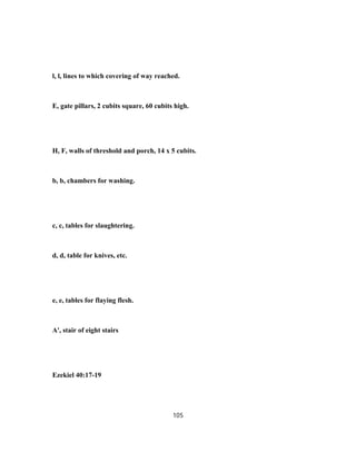 l, l, lines to which covering of way reached.
E, gate pillars, 2 cubits square, 60 cubits high.
H, F, walls of threshold and porch, 14 x 5 cubits.
b, b, chambers for washing.
c, c, tables for slaughtering.
d, d, table for knives, etc.
e, e, tables for flaying flesh.
A', stair of eight stairs
Ezekiel 40:17-19
105
 