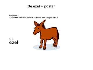 De ezel - poster

Afspraak:
1. Luister naar het woord; je hoort een lange klank!!




Net als:


ezel
 