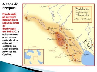 A Casa de
Ezequiel
Fora levado
ao cativeiro
babilônico na
segunda onda
de
deportação
em 598 a.C. e
evidentement
e passara o
resto da vida
entre os
exilados na
Mesopotamia
junto ao rio
Quebar.
 