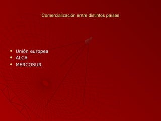 Comercialización entre distintos países





Unión europea
ALCA
MERCOSUR

 