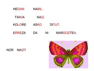 HEGAN
TXIKIA
KOLORE
ERREZA
NOR NAIZ?
NABIL.
NAIZ.
ASKO DITUT.
DA NI MARGOZTEA.
 
