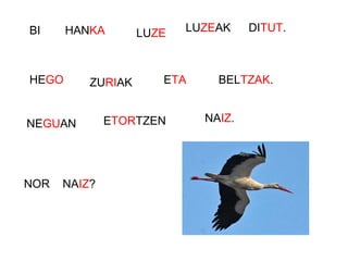 NOR NAIZ?
BI HANKA LUZE LUZEAK DITUT.
HEGO ZURIAK ETA BELTZAK.
NEGUAN ETORTZEN NAIZ.
 