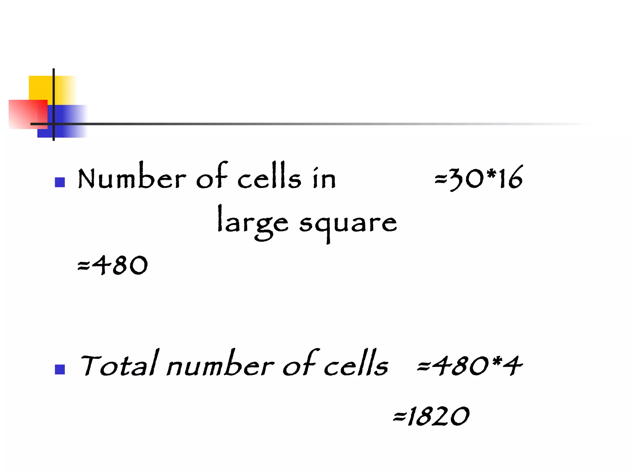 Number of cells in  =30*16  large square      =480   Total number of cells  =480*4   =1820 