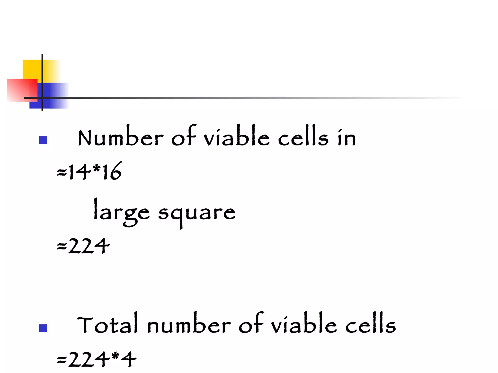 Number of viable cells in  =14*16 large square  =224 Total number of viable cells  =224*4 =896 