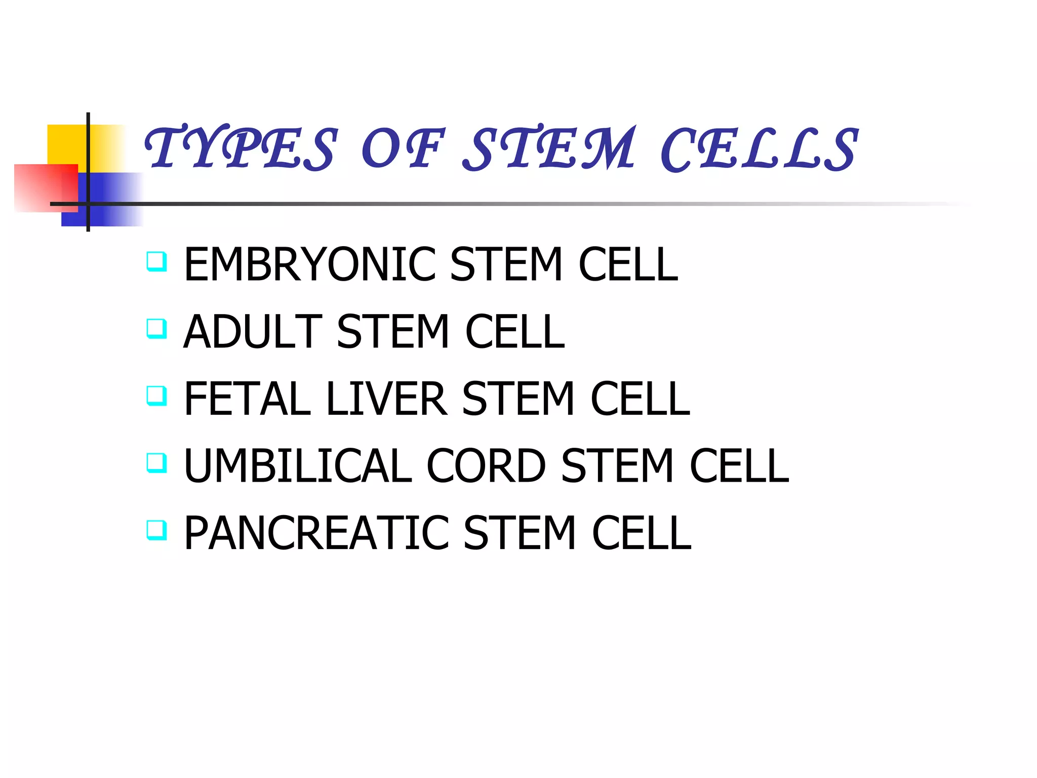 TYPES OF STEM CELLS EMBRYONIC STEM CELL ADULT STEM CELL FETAL LIVER STEM CELL UMBILICAL CORD STEM CELL PANCREATIC STEM CELL 