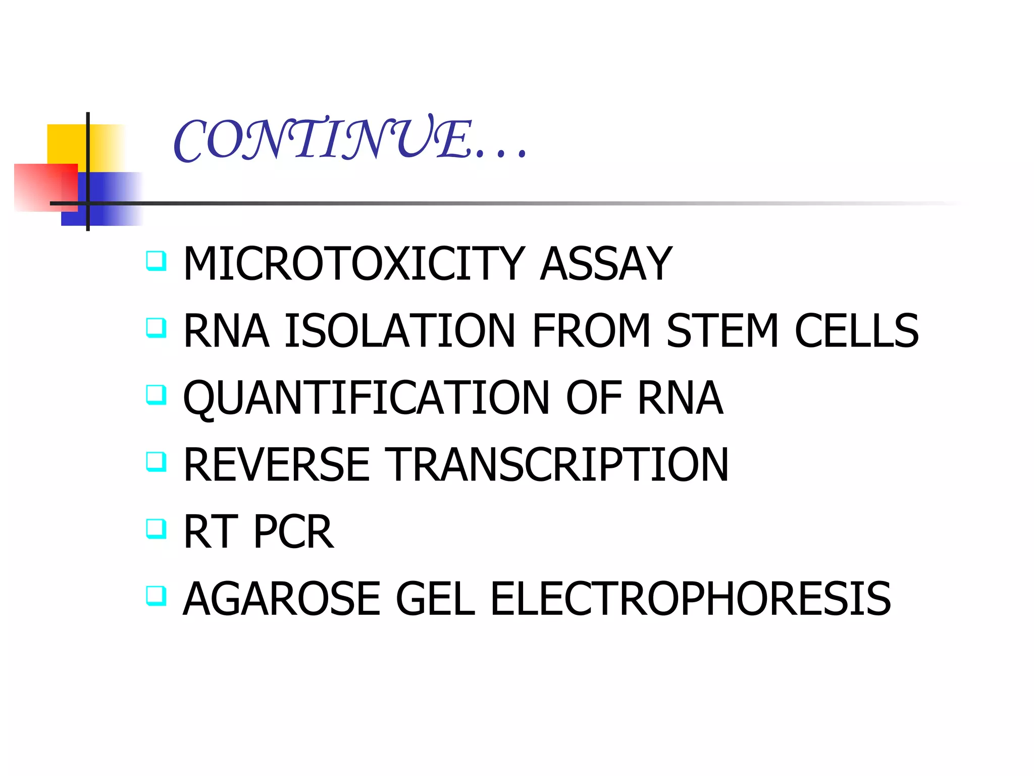 CONTINUE… MICROTOXICITY ASSAY RNA ISOLATION FROM STEM CELLS QUANTIFICATION OF RNA REVERSE TRANSCRIPTION RT PCR AGAROSE GEL ELECTROPHORESIS 