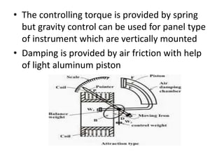 • The controlling torque is provided by spring
but gravity control can be used for panel type
of instrument which are vertically mounted
• Damping is provided by air friction with help
of light aluminum piston
 