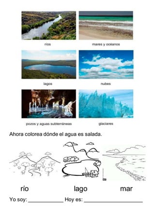 Ahora colorea dónde el agua es salada.
río lago mar
Yo soy: ____________ Hoy es: ____________________
 