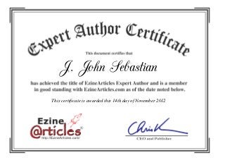 J. John Sebastian
This certificate is awarded this 14th day of November 2012
 