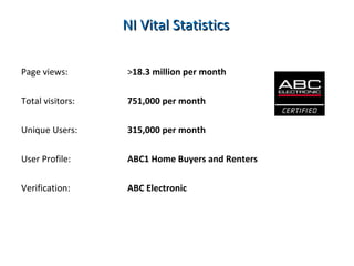 NI Vital Statistics Page views: > 18.3 million per month Total visitors: 751,000 per month Unique Users: 315,000 per month User Profile: ABC1 Home Buyers and Renters Verification:  ABC Electronic 
