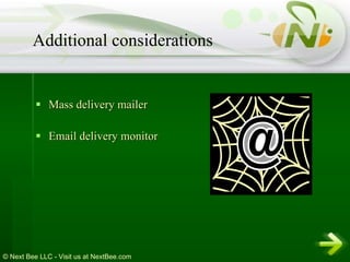 Mass delivery mailer  Email delivery monitor  Additional considerations 