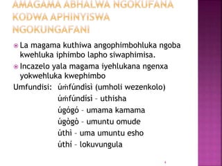  La magama kuthiwa angophimbohluka ngoba
kwehluka iphimbo lapho siwaphimisa.
 Incazelo yala magama iyehlukana ngenxa
yokwehluka kwephimbo
Umfundisi: úḿfúndìsì (umholi wezenkolo)
úḿfúndísì – uthisha
úgógó – umama kamama
úgògò – umuntu omude
úthì – uma umuntu esho
úthí – lokuvungula
4
 