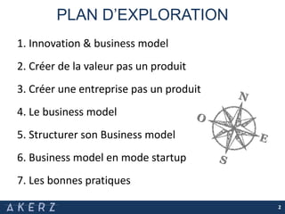 PLAN D’EXPLORATION
1. Innovation & business model
2. Créer de la valeur pas un produit
3. Créer une entreprise pas un produit
4. Le business model
5. Structurer son Business model
6. Business model en mode startup
7. Les bonnes pratiques
2
 