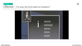 13
i-Device– ”I is also the first letter of isolation”
1998, the iMac and a decade of solutions around the individual.
Existence
 
