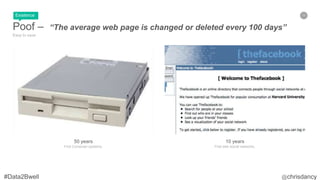 24
Poof – “The average web page is changed or deleted every 100 days”
Easy to save
50 years
First Computer systems.
10 years
First web social networks.
Existence
 