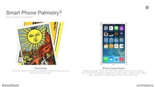 48
Smart Phone Palmistry?
Are you hidden in your device?
Tarot Cards
The future, based on a arbitrarily arrangement of cards, picked by you and
interpreted by someone else.
iPhone Home Screen
Battery percentage, military time, DND, Open space on screen, dock, number of
icons, how they are arranged, arrangement by types, folders, position context, offline
apps, replacement of default apps, settings on the home screen.
 