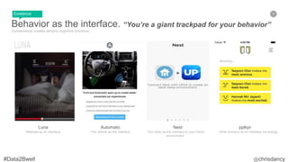 55
Behavior as the interface. “You’re a giant trackpad for your behavior”
Convenience creates atrophy cognitive functions.
pplkpr
Other humans as an Interface via biology
Nest
Your body as the interface to your home
environment.
Automatic
The vehicle as the interface
Luna
Mattress as an interface
Existence
 
