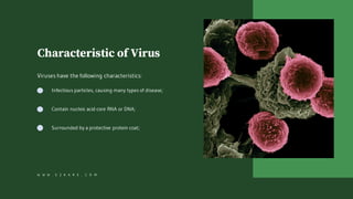 Characteristic of Virus
Infectious particles, causing many types of disease;
Contain nucleic acid core RNA or DNA;
Surrounded by a protective protein coat;
Viruses have the following characteristics:
W W W . E Z K A R E . C O M
 