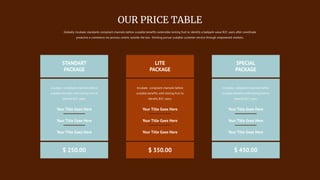 Your Title Goes Here
Your Title Goes Here
Your Title Goes Here
Your Title Goes Here
Your Title Goes Here
Your Title Goes Here
Your Title Goes Here
Your Title Goes Here
Your Title Goes Here
$ 350.00 $ 450.00
$ 250.00
LITE
PACKAGE
SPECIAL
PACKAGE
STANDART
PACKAGE
Incubate compliant channels before
scalable benefits with testing fruit to
identify B2C users.
Incubate compliant channels before
scalable benefits with testing fruit to
identify B2C users.
Incubate compliant channels before
scalable benefits with testing fruit to
identify B2C users.
Globally incubate standards compliant channels before scalable benefits extensible testing fruit to identify a ballpark value B2C users after coordinate
proactive e-commerce via process-centric outside the box thinking pursue scalable customer service through empowered markets.
OUR PRICE TABLE
 