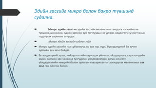 Эдийн засгийг микро болон бакро түвшинд
судална.
 Микро эдийн засаг нь эдийн засгийн механизмыг анхдагч нэгжийнх нь
түвшинд шинжилж, эдийн засгийн зүй тогтлуудын эх үүсвэр, хөдөлгөгч хүчийг таньж
тодруулах зорилгыг агуулдаг.
 Микро эдийн засгийн судлах зүйл
 Микро эдийн засгийн гол субъектууд нь өрх гэр, пүүс, бүтээдэхүүний ба хүчин
зүйлийн зах зээл байдаг.
 Бүтээгдэхүүний эрэлт, нийлүүлэлтийн харилцан үйлчлэл, үйлдвэрлэгч, хэрэглэгчдийн
эдийн засгийн эрх чөлөөнд тулгуурлан үйлдвэрлэлийн аргын сонголт,
үйлдвэрлэлийн нөөцийн болон орлогын хуваарилалтыг зохицуулах механизмыг зах
зээл гэж ойлгож болно.
 