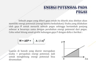 Sebuah pegas yang diberi gaya entah itu ditarik atau ditekan akan
memiliki energi potensial (energi karena kedudukan). Usaha yang dilakukan
oleh gaya F untuk menarik sebuah pegas sehingga bertambah panjang
sebesar x besarnya sama dengan perubahan energi potensial dari pegas.
Coba sobat hitung amati grafik hubungan gaya F dengan delta x berikut :
Luasan di bawah yang diarsir merupakan
usaha = perupahan energi potensial. Jadi
untuk menghitung energi potensial bisa
dirumuskan
 