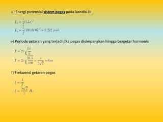 d) Energi potensial sistem pegas pada kondisi III
e) Periode getaran yang terjadi jika pegas disimpangkan hingga bergetar harmonis
f) Frekuensi getaran pegas
 