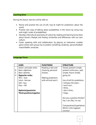 2
Learning Aims
During this lesson, learners will be able to:
 Revise and practice the use of will, may & might for predictions about the
world.
 Practise new ways of talking about probabilities in the future by using may
and might. (scale of probabilities)
 Develop intercultural awareness of culture by reading and learning funny facts
about Korea’s lifestyle and finding similarities and differences with our own
culture.
 Foster speaking skills and collaboration by playing an interactive roulette
game where each group has to predict something randomly. person/football
match/Netflix series/etc.
Language Focus
LEXIS FUNCTIONS STRUCTURE
R
E
V
Action and state verbs
Basic adjectives
Basic adverbs
Opposite verbs:
Win – lose
Lend – borrow
Sell – buy
Pass – fail
Optimist/pessimist
Think positive/negative
Reading a text and
choosing personal
choices.
Making predictions
with will and won’t.
Tenses (present simple,
present continuous, past
simple, future simple,
going to)
Use of will for predictions
I will pass the exam…
I won’t win…
I think…
I don’t think…
I hope…
Are you a positive thinker?
Yes, I am /No, I’m not.
Comparatives/Superlatives
Which is the happiest
country?
 