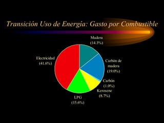 Transición Uso de Energía: Gasto por Combustible
Carbón de
madera
(19.0%)
Electricidad
(41.6%)
LPG
(15.6%)
Kerosene
(8.7%)
Carbón
(1.0%)
Madera
(14.3%)
 