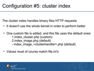 Configuration #5: cluster index The cluster index handles binary files HTTP requests It doesn't use the whole kernel in order to perform better One custom file is edited, and this file uses the default ones: index_cluster.php (custom) index_image.php (default) index_image_<clusterhandler>.php (default) Values must of course match file.ini's 