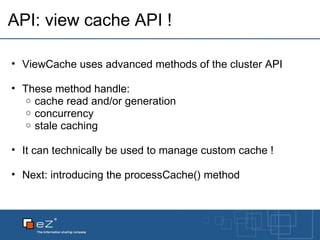 API: view cache API ! ViewCache uses advanced methods of the cluster API These method handle: cache read and/or generation concurrency stale caching It can technically be used to manage custom cache ! Next: introducing the processCache() method 