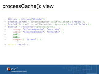 processCache(): view $Module   =   $Params [ "Module" ] ; $cacheFilePath   =  eZCachedModule :: cacheFilePath (   $Params   ) ; $cacheFile   =  eZClusterFileHandler :: instance (   $cacheFilePath   ); $Result   =   $cacheFile -> processCache ( array (   'eZCachedModule' ,   'retrieve'   ) , array (   'eZCachedModule' ,   'generate'   ) , n ull , n ull , compact (   'Params'   )   ) ; return   $Result ; 