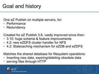 Goal and history One eZ Publish on multiple servers, for: Performance Redundancy Created for eZ Publish 3.8, vastly improved since then: 3.10: huge schema & feature improvements 4.2: new eZDFS cluster handler for NFS 4.2: Stalecaching mechanism for eZDB and eZDFS Matches the shared database for filesystem operations: Inserting new data, expiring/deleting obsolete data serving files through HTTP 