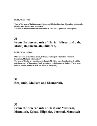 PETT, "Ezra 10:30
‘And of the sons of Pahath-moab: Adna, and Chelal, Benaiah, Maaseiah, Mattaniah,
Bezalel, and Binnui, and Manasseh.’
The sons of Pahath-moab are mentioned in Ezra 2:6. Eight were found guilty.
31
From the descendants of Harim: Eliezer, Ishijah,
Malkijah, Shemaiah, Shimeon,
PETT, "Ezra 10:31-32
‘And the sons of Harim: Eliezer, Isshijah, Malchijah, Shemaiah, Shimeon,
Benjamin, Malluch, Shemariah.’
The sons of Harim are mentioned in Ezra 2:32. Eight were found guilty. It will be
noted that the ‘of’ is missing. Such occasional variations occur in lists. There is no
need to amend it to fit in with our ideas of uniformity.
32
Benjamin, Malluch and Shemariah.
33
From the descendants of Hashum: Mattenai,
Mattattah, Zabad, Eliphelet, Jeremai, Manasseh
 