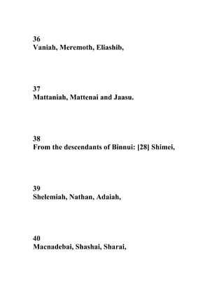 36
Vaniah, Meremoth, Eliashib,
37
Mattaniah, Mattenai and Jaasu.
38
From the descendants of Binnui: [28] Shimei,
39
Shelemiah, athan, Adaiah,
40
Macnadebai, Shashai, Sharai,
 