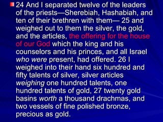 24 And I separated twelve of the leaders of the priests—Sherebiah, Hashabiah, and ten of their brethren with them— 25 and weighed out to them the silver, the gold, and the articles,  the offering for the house of our God  which the king and his counselors and his princes, and all Israel  who were  present, had offered. 26 I weighed into their hand six hundred and fifty talents of silver, silver articles  weighing  one hundred talents, one hundred talents of gold, 27 twenty gold basins  worth  a thousand drachmas, and two vessels of fine polished bronze, precious as gold.  